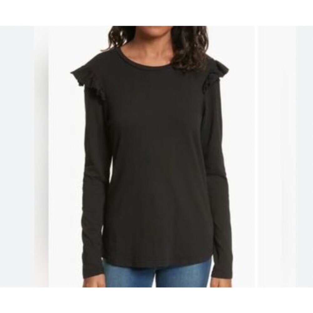 FRAME Shirt Womens Medium Black Ruffle Shoulder Long Sleeve Jersey Tee Top